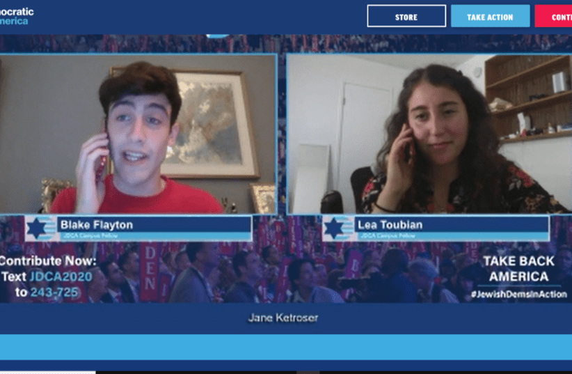 Blake Flayton and Lea Toubian, student fellows with the Jewish Democratic Council of America, pretend to phone one another to demonstrate a get out the vote tactic in a JDCA Zoom event on August 13, 2020 (photo credit: SCREENSHOT/JTA)