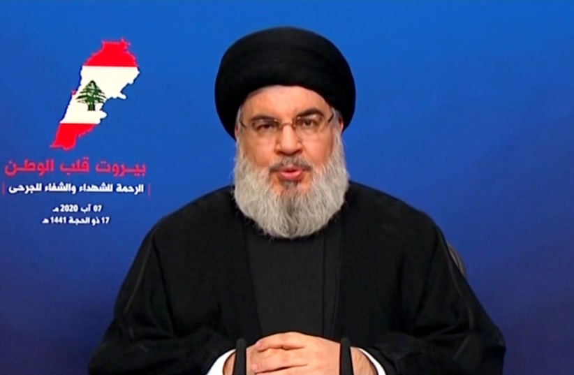 Hezbollah leader Sayyed Hassan Nasrallah gives a televised speech following Tuesday's blast in Beirut's port area, Lebanon August 7, 2020 in this still picture taken from a video (photo credit: AL-MANAR/HANDOUT VIA REUTERS)