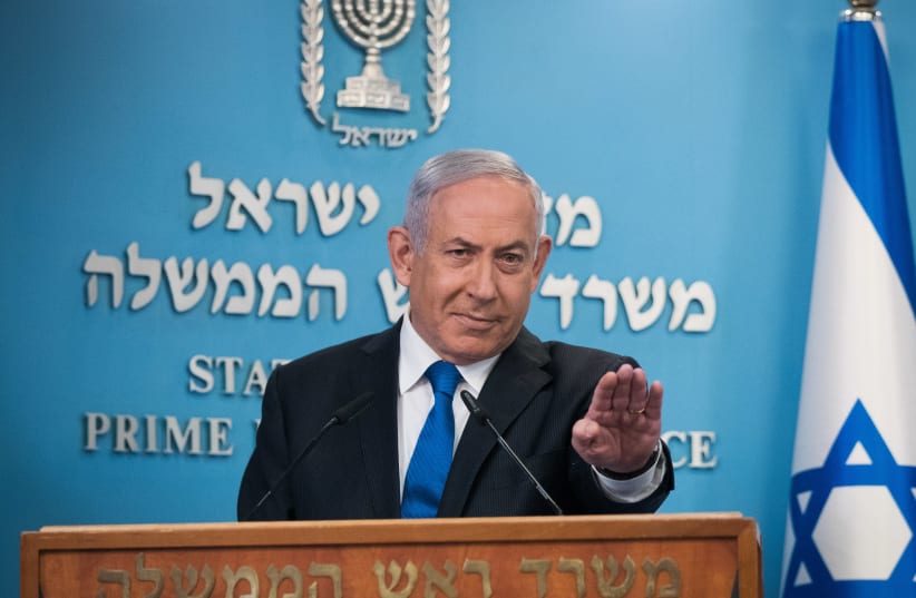 Israeli prime minister Benjamin Netanyahu gives a press statement at the PM's office in Jerusalem, on August 13, 2020.  (photo credit: YONATAN SINDEL/FLASH90)