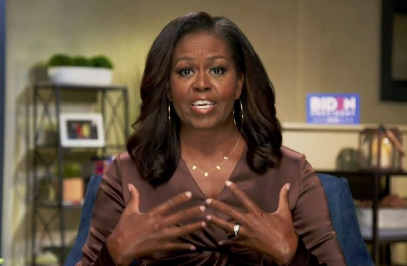 Former first lady Michelle Obama speaks in a frame grab from the live video feed of the all virtual 2020 Democratic National Convention, August 17, 2020 (photo credit: 2020 DEMOCRATIC NATIONAL CONVENTION/POOL VIA REUTERS)