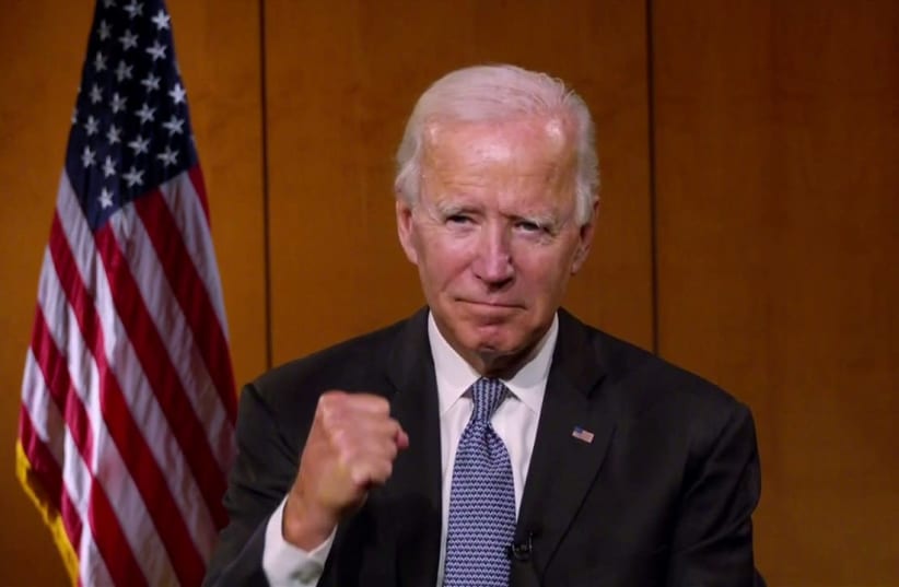 Democratic presidential candidate and former Vice President Joe Biden appears by video feed at start of the all virtual 2020 Democratic Convention hosted from Milwaukee, Wisconsin, August 17, 2020 (photo credit: 2020 DEMOCRATIC NATIONAL CONVENTION/POOL VIA REUTERS)