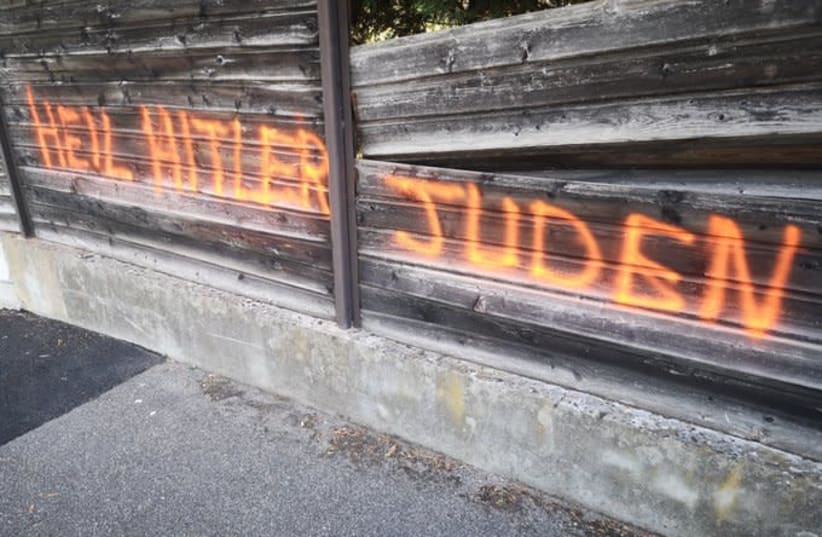 Antisemitic graffiti on a Jewish family house in the city center of Lyon in France. (photo credit: TWITTER)