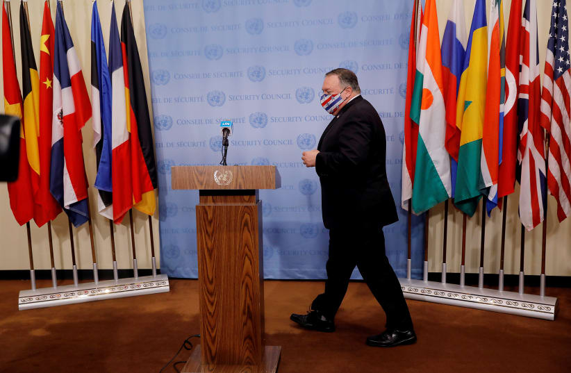 US Secretary of State Mike Pompeo arrives to speak to reporters following a meeting with members of the UN Security Council about Iran's alleged non-compliance with a nuclear deal and calling for the restoration of sanctions against Iran at UN headquarters in New York, US, August 20, 2020 (photo credit: REUTERS/MIKE SEGAR/POOL)