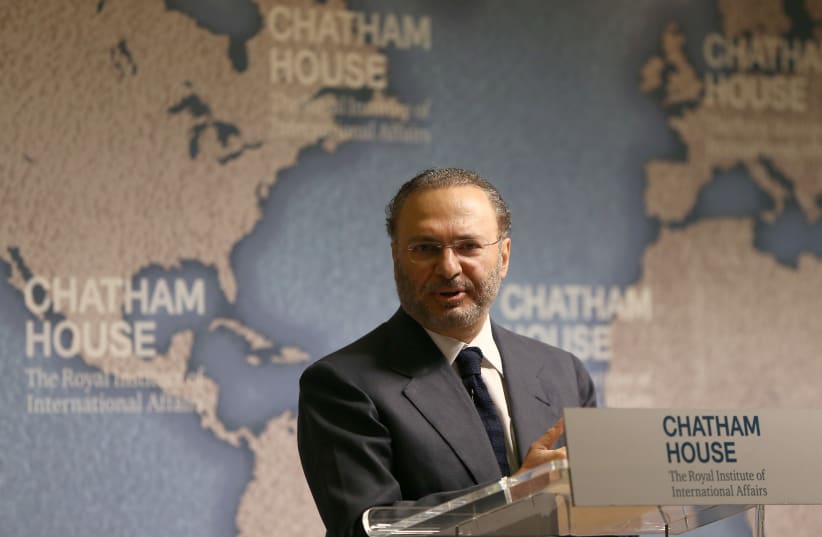 Minister of State for Foreign Affairs for the United Arab Emirates, Anwar Gargash, speaks at an event at Chatham House in London, Britain July 17, 2017 (photo credit: REUTERS/NEIL HALL)
