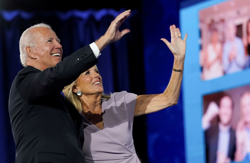 Democratic presidential candidate Joe Biden and his wife Jill Biden at the 2020 Democratic National Convention (photo credit: REUTERS/KEVIN LAMARQUE)