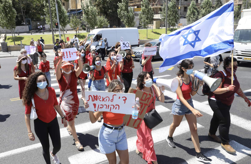 Israelis demonstrate against sexual violence after the rape of a 16-year-old girl in Eilat last week, Jerusalem, August 23, 2020 (photo credit: MARC ISRAEL SELLEM/THE JERUSALEM POST)