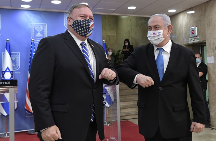 US Secretary of State Mike Pompeo meets with Prime Minister Benjamin Netanyahu as part of a five-day visit to the region, August 24, 2020 (photo credit: KOBI GIDEON/GPO)