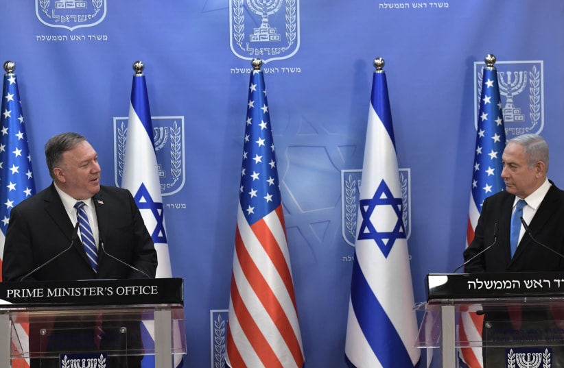 US Secretary of State Mike Pompeo meets with Prime Minister Benjamin Netanyahu as part of a five-day visit to the region, August 24, 2020 (photo credit: KOBI GIDEON/GPO)