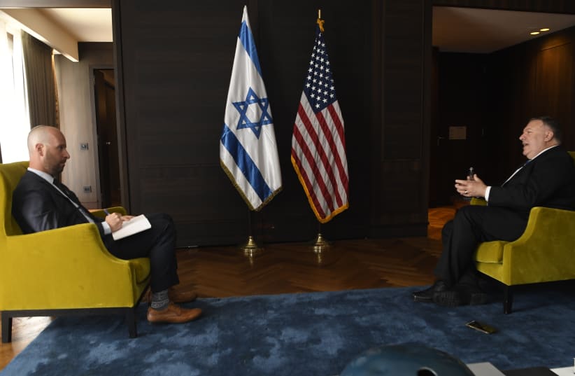 US Secretary of State Mike Pompeo during an interview with Jerusalem Post Editor-in-Chief Yaakov Katz, August 24, 2020 (photo credit: MATTY STERN/US EMBASSY JERUSALEM)
