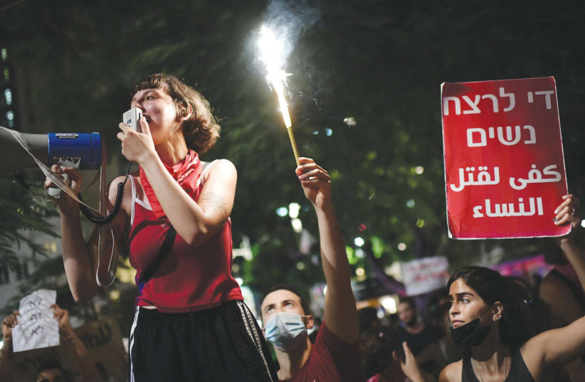 Demonstrators gather in Tel Aviv on Sunday in support of a 16-year-old victim of a gang rape in Eilat. August 2020  (photo credit: TOMER NEUBERG/FLASH90)