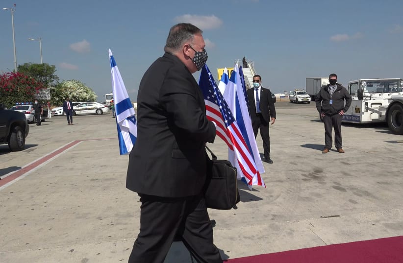 U.S. Secretary of State Michael R. Pompeo departs from Ben Gurion airport after completing his visit in Israel, on August 25, 2020 (photo credit: SCREENSHOT/ZIV SOKOLOV)
