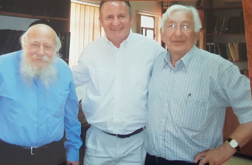 Rabbi Adin Even-Israel Steinsaltz with Steve Linde and Dr. Issy Fisher  (photo credit: TOMAS NISSEL)