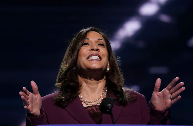 U.S. Senator Kamala Harris (D-CA) accepts the Democratic vice presidential nomination during an acceptance speech delivered for the largely virtual 2020 Democratic National Convention from the Chase Center in Wilmington, Delaware, U.S., August 19, 202 (photo credit: REUTERS/KEVIN LAMARQUE)