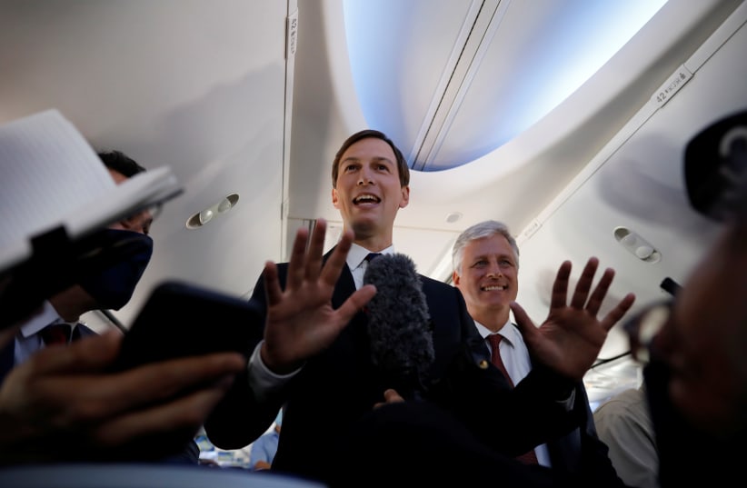 Jared Kushner beside Robert O'Brien on the first Israeli flight to UAE (photo credit: REUTERS/NIR ELIAS)