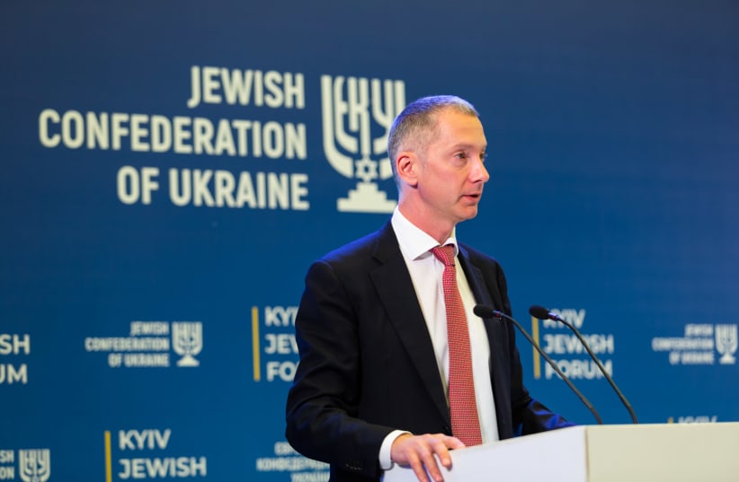 Boris Lozhkin, president of the Jewish Confederation of Ukraine, speaking at the 2019 Kyiv Jewish Forum (photo credit: JEWISH CONFEDERATION OF UKRAINE)