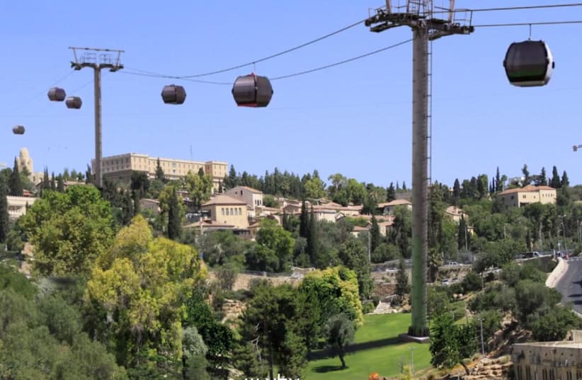  An artist’s simulation of the planned cable car to Jerusalem’s Old City. The King David Hotel can be seen on the left (photo credit: EMEK SHAVEH)