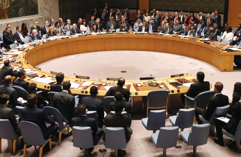THE UN Security Council debates a 2019 resolution condemning Israel (photo credit: SHANNON STAPLETON/ REUTERS)