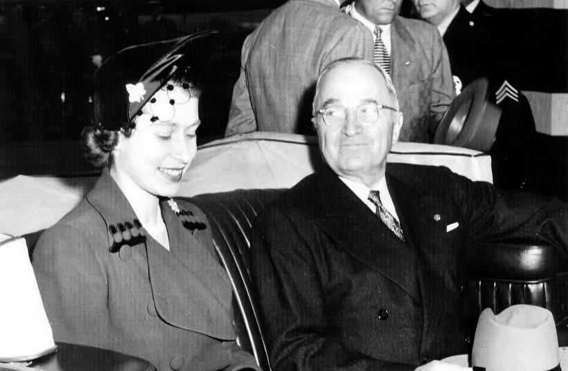 BRITAIN’S THEN-PRINCESS ELIZABETH joins US president Harry Truman in Washington in 1951. The book says the Truman administration supported displaced Jews going to Palestine, but limited immigration to the US.  (photo credit: REUTERS VIA US NATIONAL ARCHIVES AND RECORDS ADMINISTRATION)