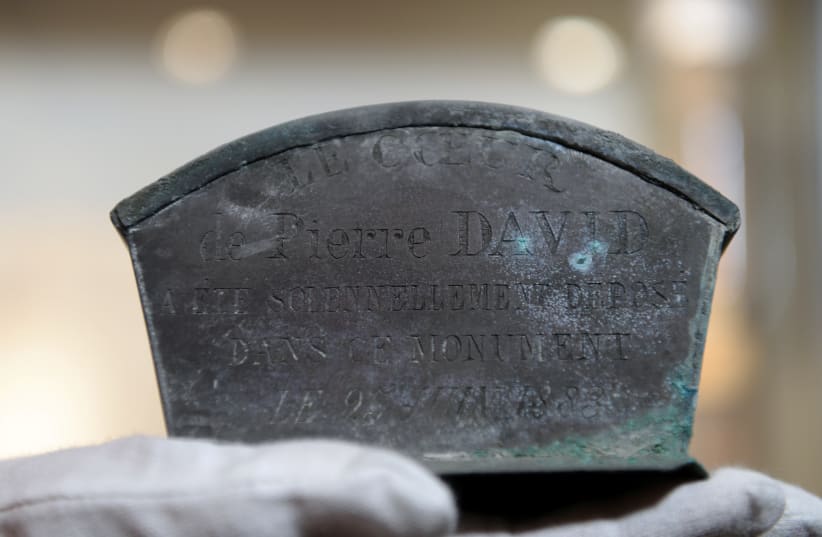 A small zinc casket containing the heart of Pierre David, the first official mayor of Verviers, is seen in a museum after being discovered by workers during the renovation of a fountain, in Verviers, Belgium September 9, 2020. (photo credit: JOHANNA GERON/REUTERS)
