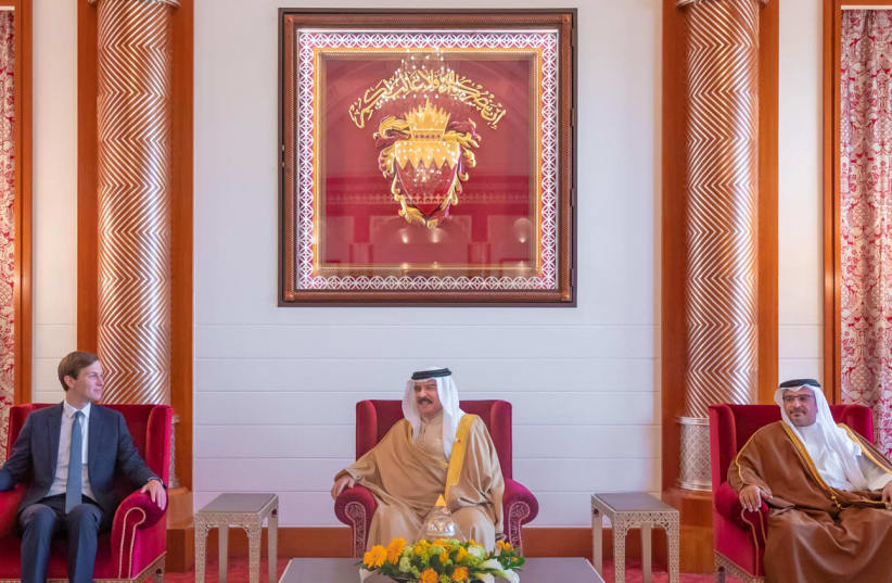 U.S. President's senior adviser Jared Kushner (L) meets meets Bahrain's King Hamad bin Isa Al Khalifa (C) and Bahrain's Crown Prince Salman bin Hamad Al Khalifa (R) during his visit to Manama, Bahrain, September 1, 2020 (photo credit: BAHRAIN NEWS AGENCY/HANDOUT VIA REUTERS)