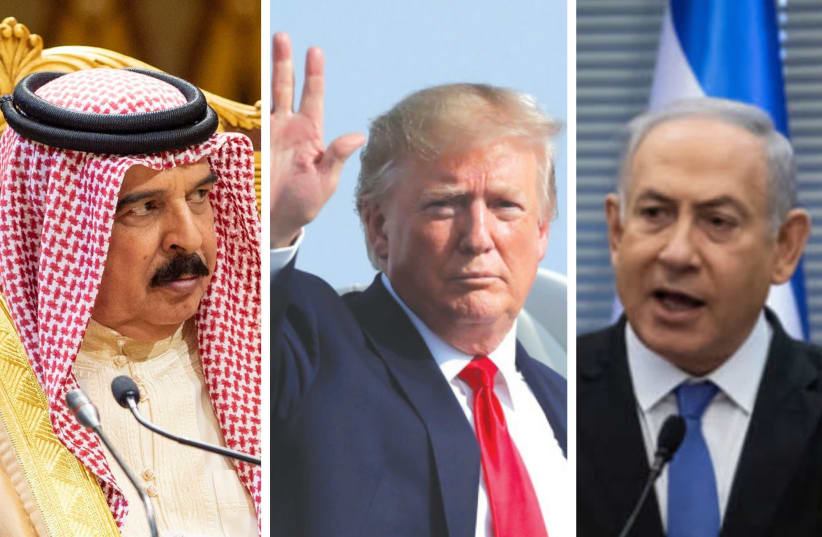 L-R: Bahraini King Hamad bin Isa Al Khalifa, US President Donald Trump, Israeli Prime Minister Benjamin Netanyahu (photo credit: REUTERS)