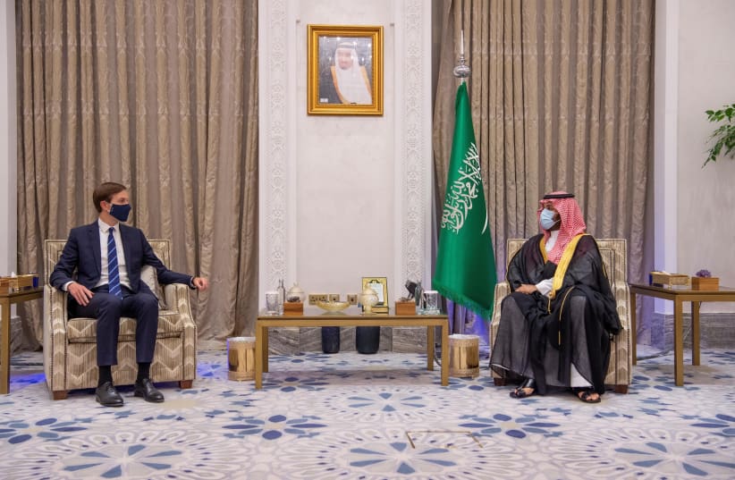 White House senior adviser Jared Kushner (L) meets Saudi Crown Prince Mohammed Bin Salman (R) during his visit to Riyadh, Saudi Arabia, September 1, 2020 (photo credit: SAUDI PRESS AGENCY/HANDOUT VIA REUTERS)