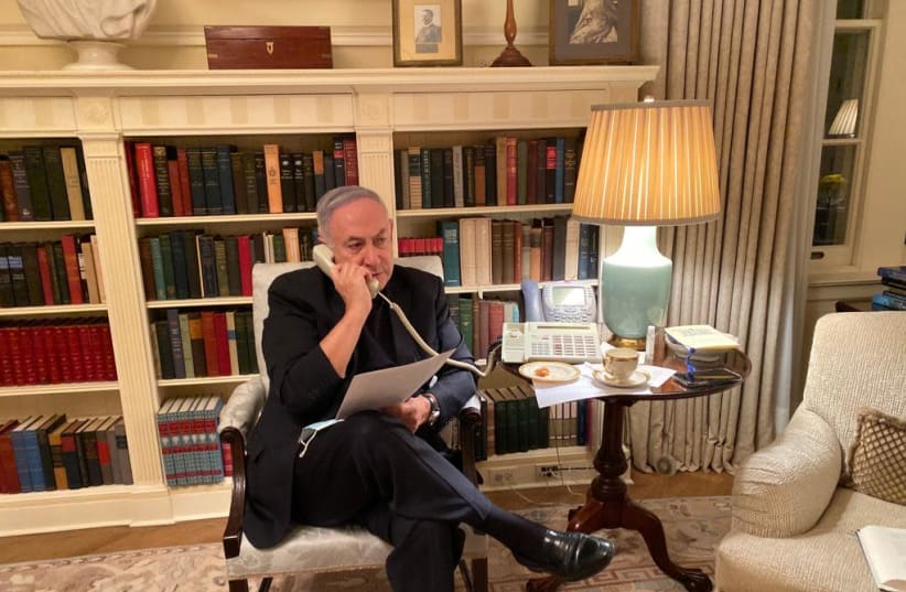 Prime Minister Benjamin Netanyahu calls Health Minister Yuli Edelstein and other officials regarding Israel's nationwide lockdown, Washington DC, September 14, 2020  (photo credit: Courtesy)