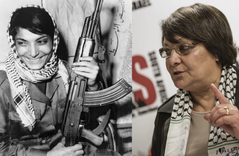 Left: Layla Khaled, one of two hijackers of an American T.W.A. jetliner in Damascus 8/29, smiles after returning to her guerrilla base in Jordan. October 17, 1969. (Getty Images) Right: Khaled speaks at the O.R. Tambo international Airport, on February 6, 2015, in Johannesburg. (photo credit: GIANLUIGI GUERCIA/AFP VIA GETTY IMAGES)