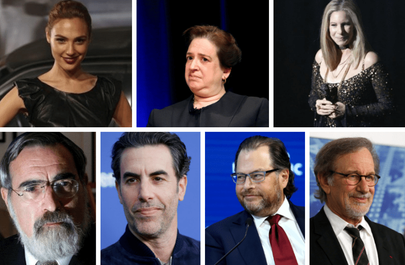 (Clockwise from top left) Gal Gadot, Elena Kagan, Barbra Streisand, Steven Spielberg, Marc Benioff, Sacha Baron Cohen, and Rabbi Jonathan Sacks (photo credit: REUTERS)