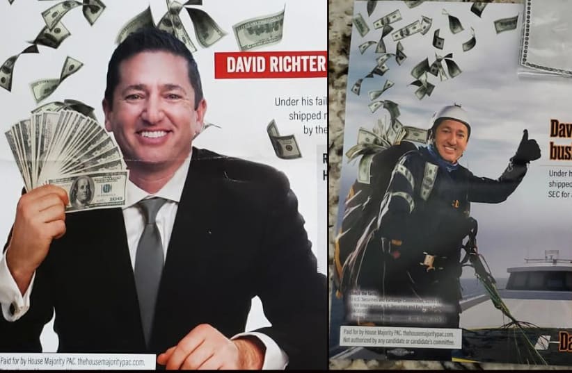 A series of mailers show New Jersey Republican congressional candidate David Richter clutching or surrounded by $100 bills.  (photo credit: screenshot)