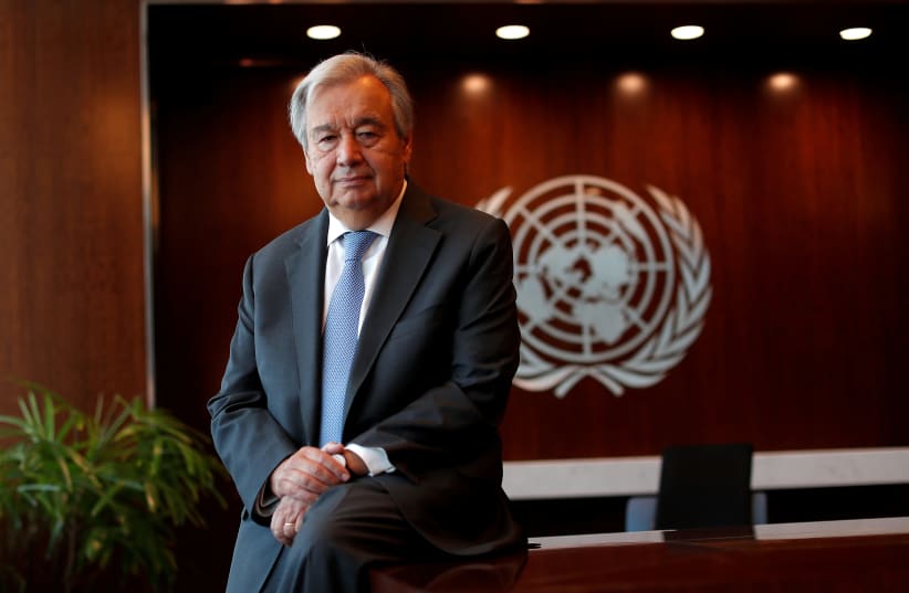 United Nations Secretary-General Antonio Guterres poses for a photograph during an interview with Reuters at U.N. headquarters in New York City, New York, US, September 14, 2020 (photo credit: REUTERS/MIKE SEGAR/FILE PHOTO)