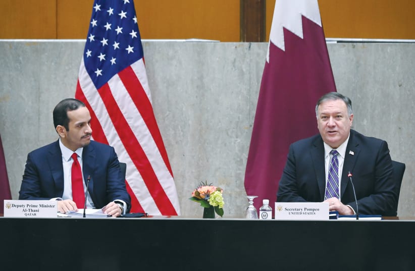 US SECRETARY of State Mike Pompeo welcomes Qatar’s Deputy Prime Minister Mohammed bin Abdulrahman Al Thani to the third annual US-Qatar Strategic Dialogue in Washington on September 14.  (photo credit: REUTERS)