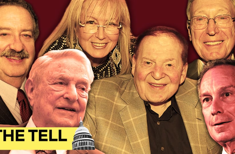 From left to right: Donald Sussman(Stevens Clarke); George Soros, Miriam Adelson, Sheldon Adelson, Bernie Marcus, Michael Bloomberg  (photo credit: GETTY IMAGES)