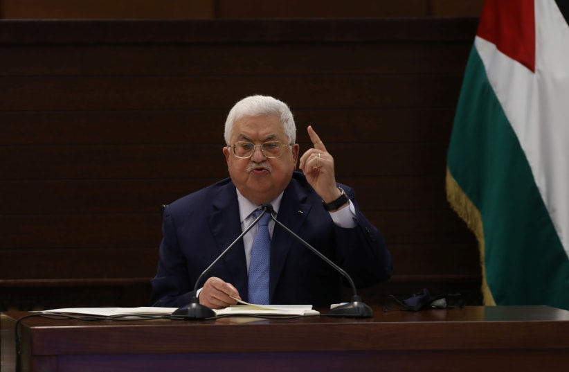 Palestinian President Mahmoud Abbas attends a virtual meeting with Palestinian factions over Israel and the United Arab Emirates' deal to normalise ties, in Ramallah in the Israeli-occupied West Bank September 3, 2020 (photo credit: ALAA BADARNEH/POOL VIA REUTERS)