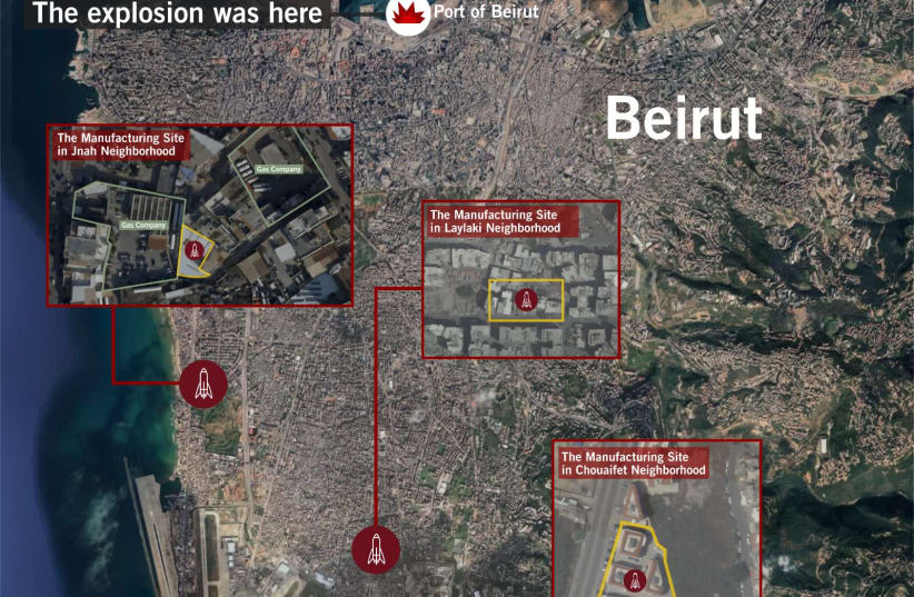Three Hezbollah missle manufacturing sites in Beirut are highlighted alongside the site of the Beirut Port explosion. (photo credit: IDF)