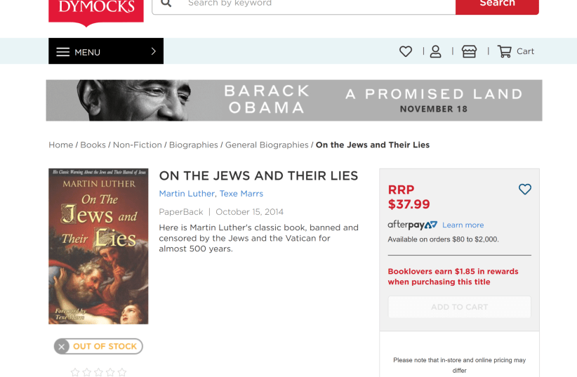 The antisemitic book "The Jews and Their Lies" offered for sale on Dymocks website. (photo credit: ANTI DEFAMATION COMISSION)