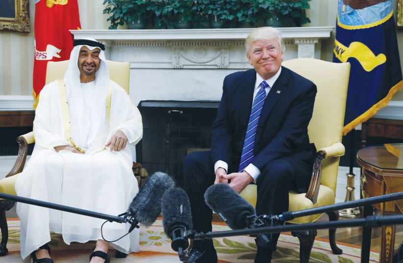 ABU DHABI’S Crown Prince Sheikh Mohammed bin Zayed al-Nahyan meets with US President Donald Trump at the White House in Washington in May 2017. (photo credit: KEVIN LAMARQUE/REUTERS)