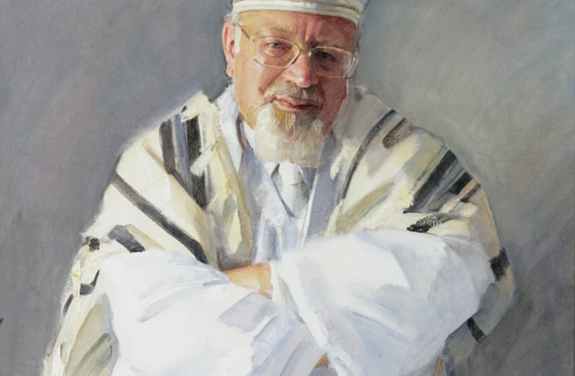 The portrait of Rabbi Raymond Apple by Australian artist Robert Hannaford at the Great Synagogue, Sydney (photo credit: Courtesy)
