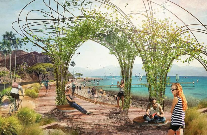 Eilat Ein Sof ‘Peace Project’  promenade as depicted in this simulation. (photo credit: MAYSLITS KASSIF ROYTMAN ARCHITECTS)