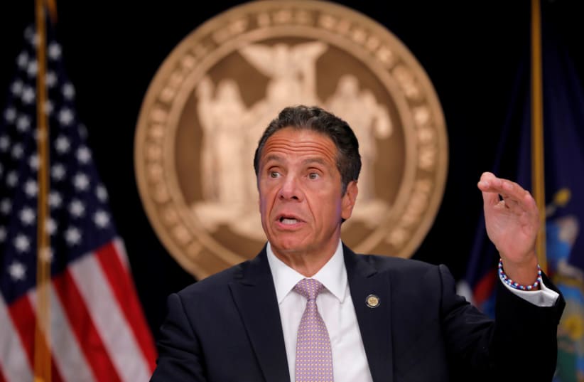 New York Governor Andrew Cuomo speaks during a daily briefing following the outbreak of the coronavirus disease (COVID-19) in Manhattan in New York City, New York, US, July 13, 2020. (photo credit: MIKE SEGAR / REUTERS)