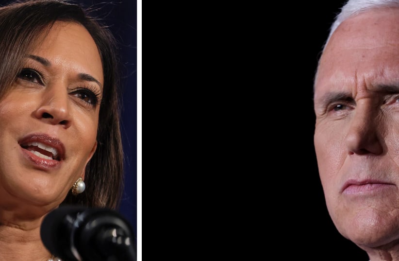 A combination picture shows democratic U.S. vice presidential nominee Kamala Harris delivering a campaign speech in Washington, U.S., August 27, 2020, and U.S. Vice President Mike Pence looking on while delivering his acceptance speech as the 2020 Republican vice presidential nominee during an event (photo credit: REUTERS/JONATHAN ERNST/FILE PHOTO)