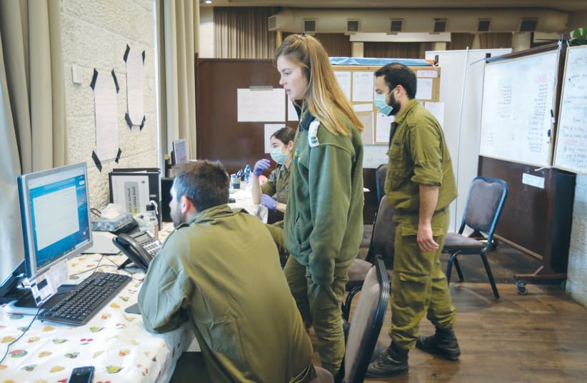 HOME FRONT Command soldiers work at the Dan Hotel in Jerusalem in April, after it was turned into a quarantine facility. (photo credit: YOSSI ZAMIR/FLASH90)