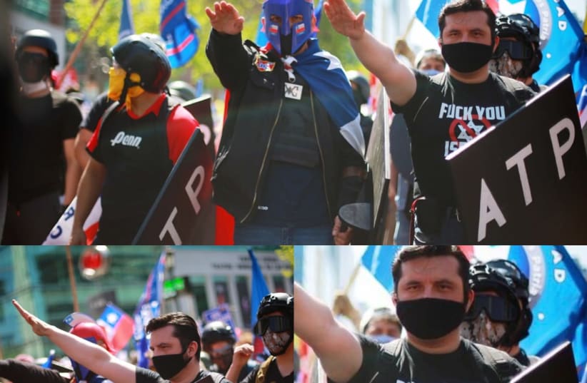 Neo-nazi protesters are seen using the Nazi salute in Santiago, Chile. (photo credit: SIMON WIESENTHAL CENTER)