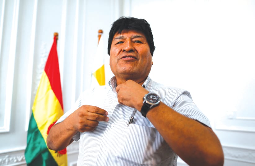 FORMER BOLIVIAN President Evo Morales gestures during an interview in Buenos Aires, Argentina, in March. (photo credit: AGUSTIN MARCARIAN/REUTERS)