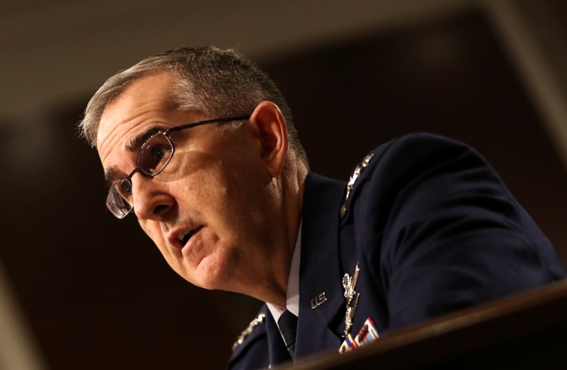 Air Force Gen. John E. Hyten speaks at a Senate Armed Services hearing on the proposal to establish a US Space Force, in Washington, US, April 11, 2019. (photo credit: REUTERS/JEENAH MOON)