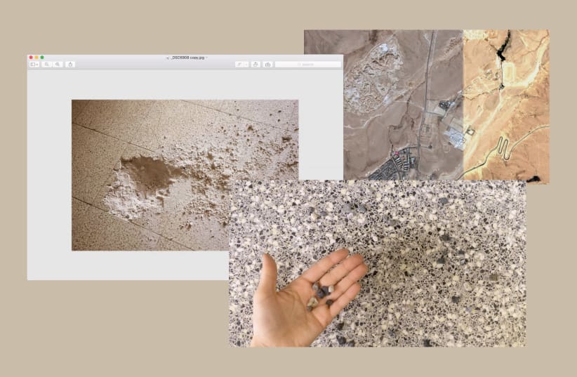 Documentation of the working process including: a screenshot of a photo by Dan Robert Lahiani, a filmstill of a video by Adina Camhy and a satellite image of an abandoned quarry, Mitzpe Ramon (Google Maps), Adina Camhy and Dan Robert Lahiani, 2020 (photo credit: Courtesy)