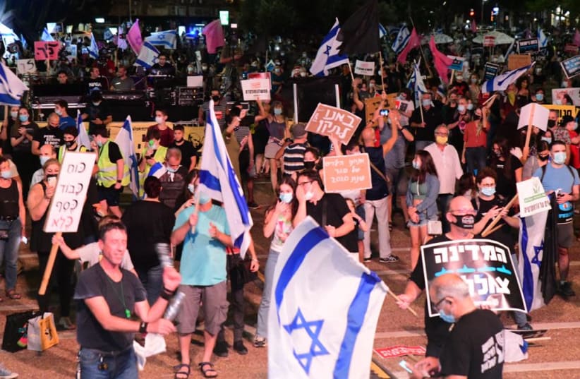 Anti-Netanyahu protesters gathered at Rabin Square on October 24, 2020. (photo credit: AVSHALOM SASSONI/ MAARIV)