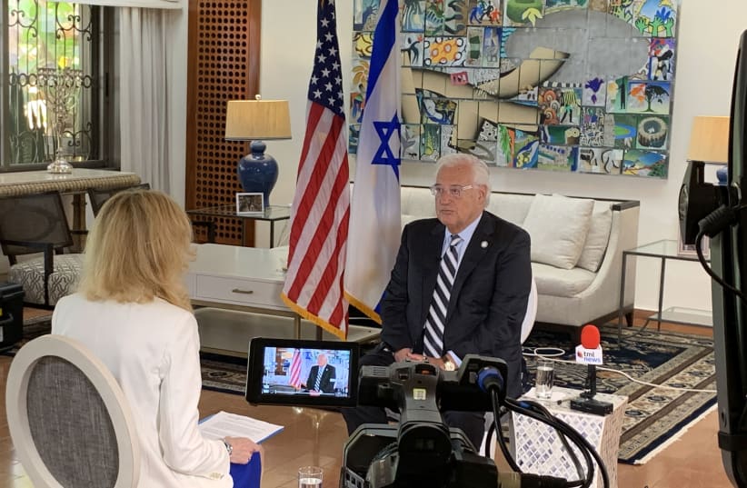 Felice Friedson speaks with US Ambassador to Israel David Friedman at the ambassador’s residence in Herzliya.  (photo credit: MATTY STERN / US EMBASSY JERUSALEM)