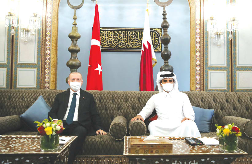 Turkish president Recep Tayyip Erdogan meets with Qatar’s Emir Sheikh Tamim bin Hamad Al Thani in Doha, Qatar, earlier this month. (photo credit: TURKISH PRESIDENTIAL PRESS OFFICE/VIA REUTERS)