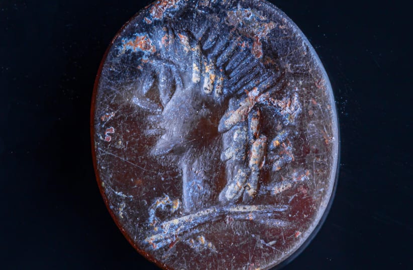 Seal with the image of Apollo. (photo credit: ELIYAHU YANAI/CITY OF DAVID)